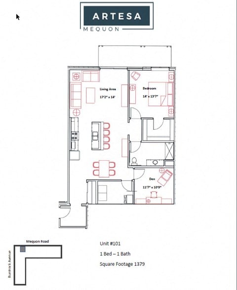 Floor plan for 1 bed, 1 bath, 1379 sqft